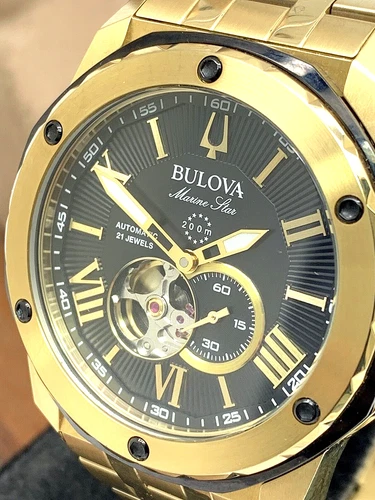 Bulova Men's Watch 98A273 Marine Star Automatic Black Dial Gold Stainless Steel