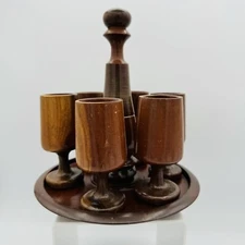 Retro WOODEN APERITIF SET 6 Turned Footed Drink Cups Tray Mid Century Barware
