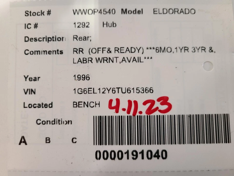 Buje de rueda trasero usado se adapta a: Cadillac Eldorado 1996 trasero grado A Foto 4 de 4