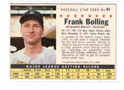 1961 Post #41, Frank Bolling, Detroit Tigers, Company, Perforated, EX