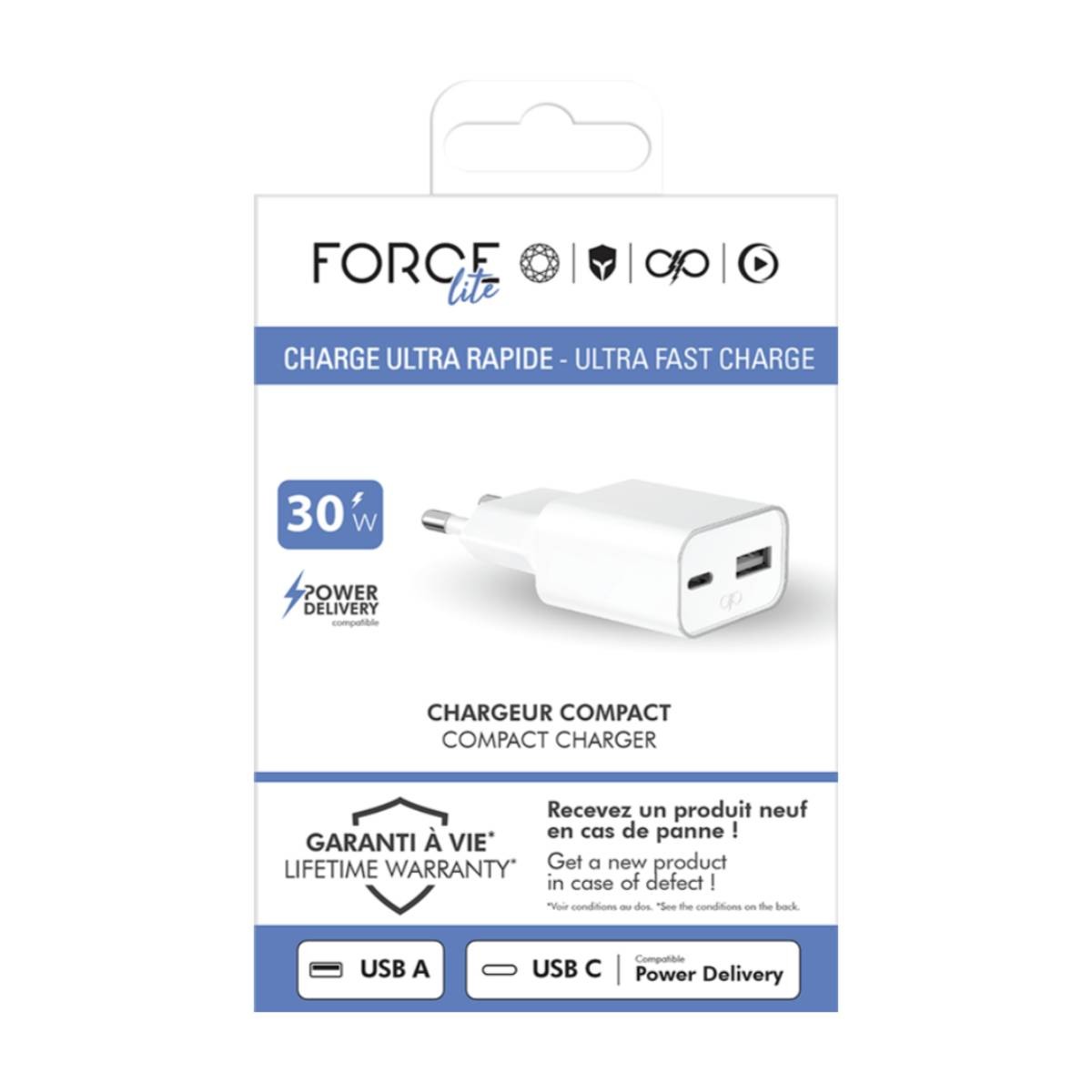 Chargeur USB-C 30W Force Power, le bloc compact blanc idéal pour voyager