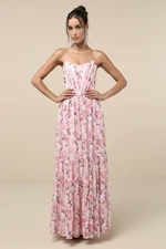 Lulus Women Special Moment Pink Floral Strapless Bustier Maxi Dress XL