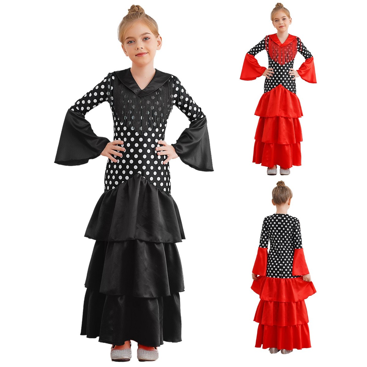 Niñas Disfraz Ropa de Baile Flamenco Vestido de Princesa Tradicional Maxi Carnaval Baile de graduación