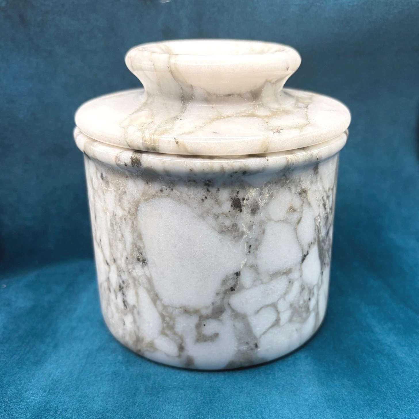 Marble Butter Bell Crock White with Gray Veins Hand Made French Style