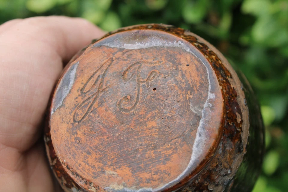 Antique Glazed Primitive Redware Footed Custard / Tea Cup, Signed: J.F. ? - Image 3 of 4