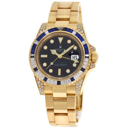 ROLEX GMT Master II Baguette Diamond Sapphire Watches 116758SA K18 Yellow Go...