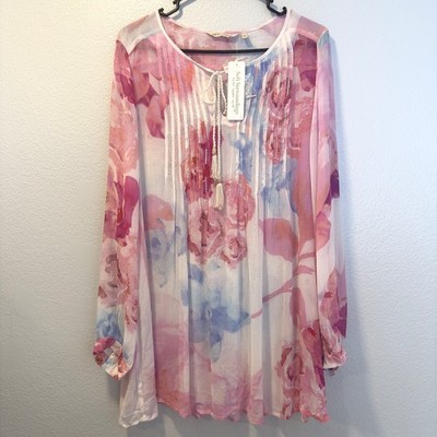 Soft Surroundings Size-L Bed Of Roses Floral Beaded  Tunic Top Watercolor $120