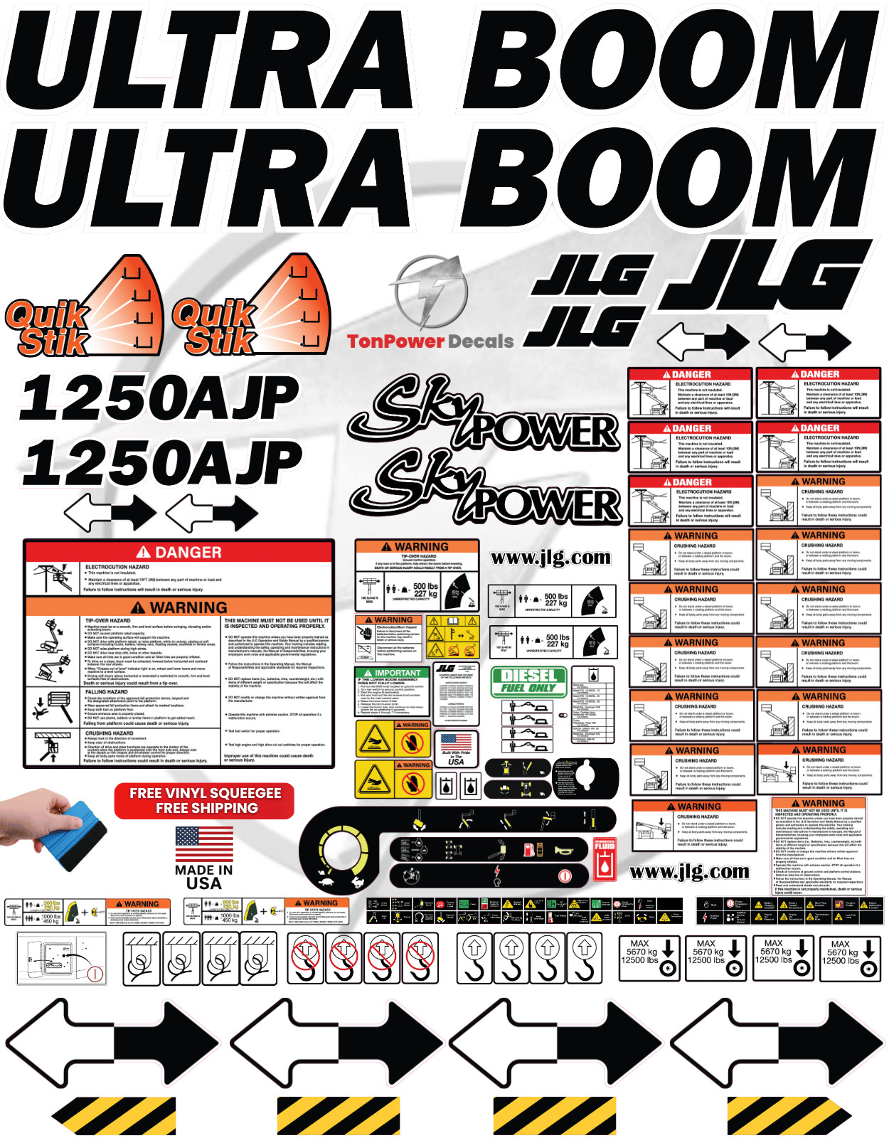 Fits JLG 1250AJP Boom Lift Decal Kit - ULTRA BOOM – 3M Vinyl – Free Shipping