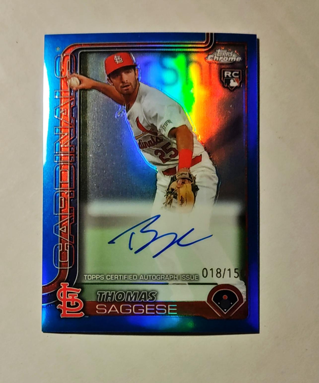 Thomas Saggese 2025 Topps Chrome RC AUTO BLUE REFRACTOR 018/150 #RA-TSA Raw z50