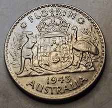 1943 Australia 1 Florin .925 Silver King George VI KM#40 High Grade &Unc. Coin 