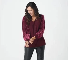 Belle by Kim Gravel Velvet Blouson Sleeves Knot-Front Blouse Burgundy Size L