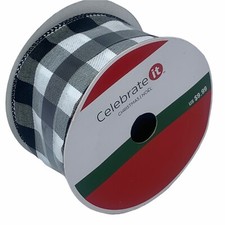 Celebrate It Christmas Wired Ribbon 2.5"x25 ft Black White Plaid Polyester