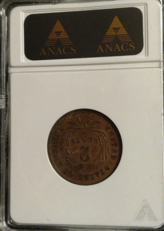 MS-61  $1,775 LIST! Nice Patina 'small MOTTO' UNCIRCULATED 1864 2-CENT ANACS rjs - Image 3 of 4