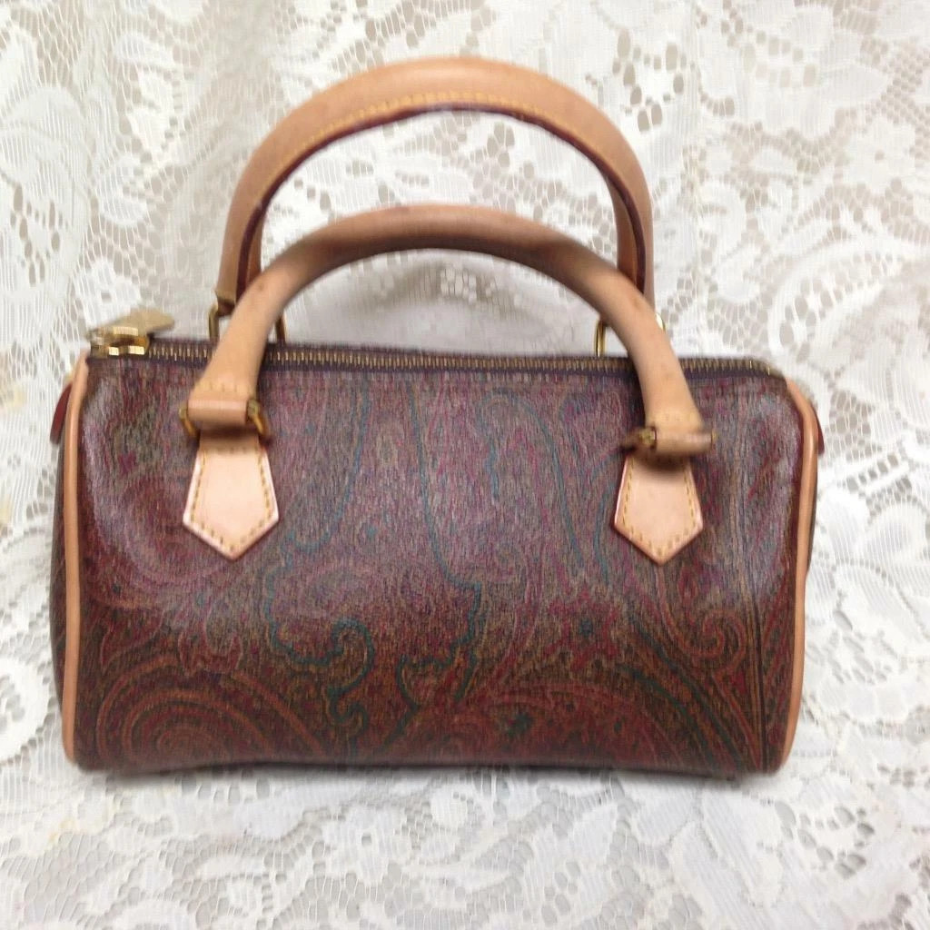 Etro, Italy, Burgundy Paisley Mini Speedy Style Handbag 8in x 5in x 4in