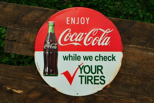 enjoy coca-cola embossed button tin metal sign - ice cold coke