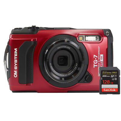 OM SYSTEM Tough TG-7 Digital Camera Red + SanDisk Extreme Pro 128GB Memory Card