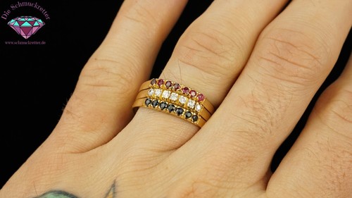 Dreifacher 750 Gold Ring mit Saphir, Rubin und Zirkonia, Gr. 60