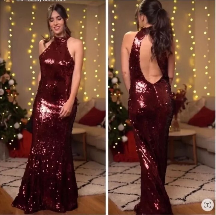 Zara Granate Largo con Lentejuelas Vestido Cuello Halter Talla M Ref.9287/600