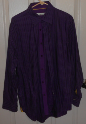 Equilibrio Luxury Shirt Mens Medium Button Up Long Sleeve Purple Striped Neck 16