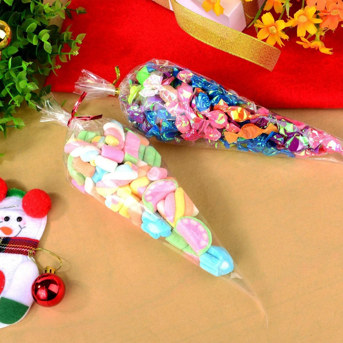 Clear Cellophane Cone Bags – Large Candy Treat Bags For Party Favors & Gifts