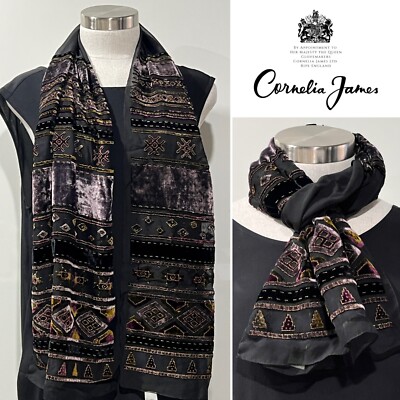 Cornelia James Black/Violet Silk/Viscose  Chiffon + Velvet Scarf 32cm x 149cm