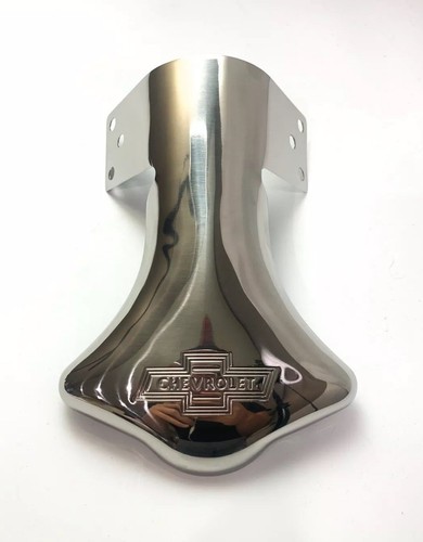Chevy Bowtie Logo Muffler Exhaust Tail Pipe Deflector Shield - Polished Stainless Steel, Clam Shell Shape, Custom Hot Rod