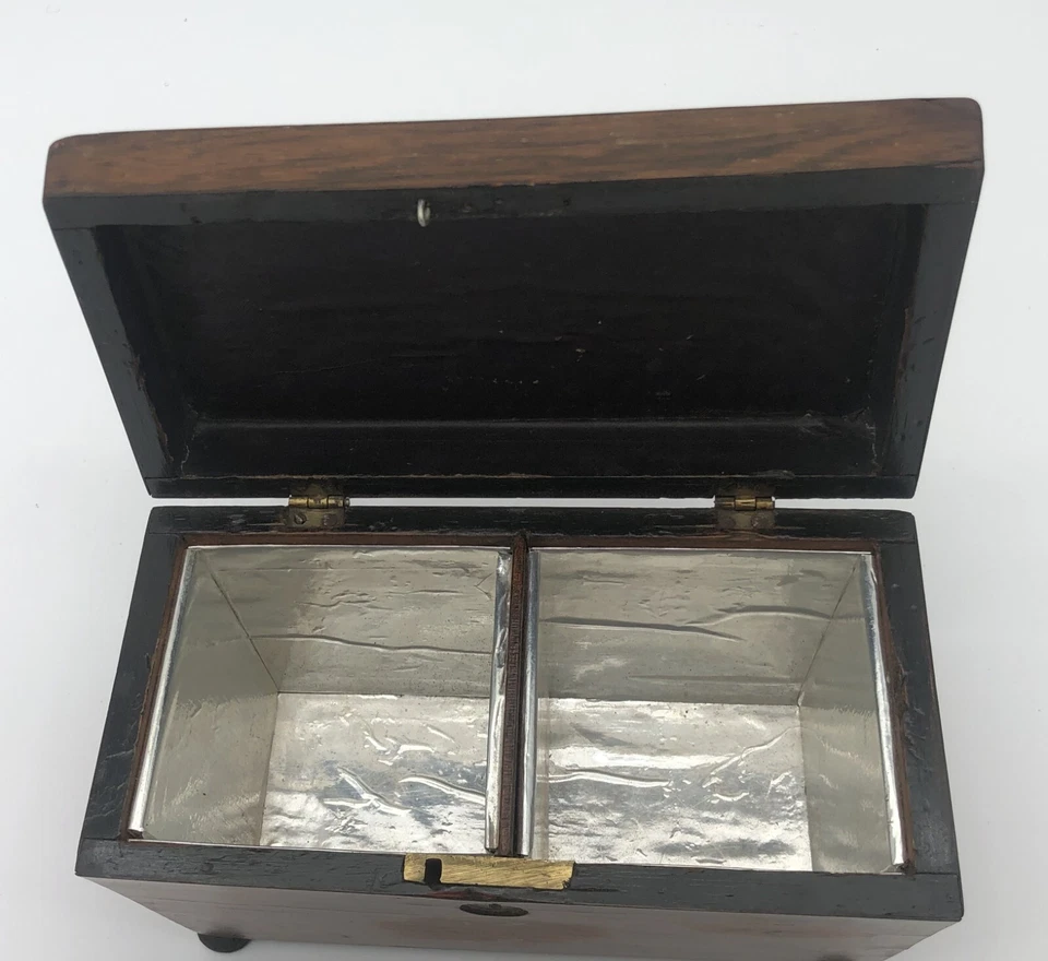 Tea Caddy Wood Tea Caddy Sarcophagus Shaped Double Compartments Vtg - Image 4 of 4
