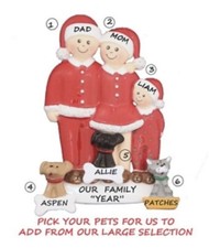 Personalized Santa Pajamas Family of 3 with 3 Dogs or Cats Christmas Ornament