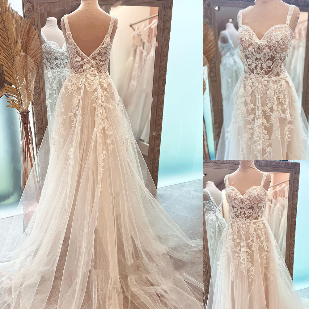 Boho Beach Wedding Dresses Backless A Line Spaghetti Straps Lace Bridal  Gowns