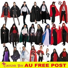 Adult Kids Black Red Halloween Hooded Cape Robe Cloak Witch Vampire Costume AU