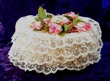 Vintage Small Handmade Oval Wicker and Lace Basket with Silk Flower Decorations