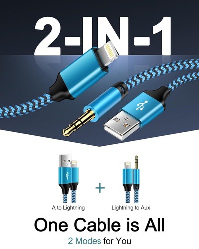 Car Aux Cord for Iphone, Lightning to 3.5MM Male Audio 2-In-1 MFI Certified 4Ft - Picture 2 of 8