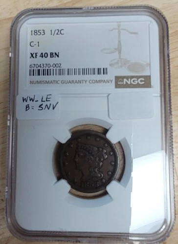 1853 Braided Hair Half Cent NGC XF40