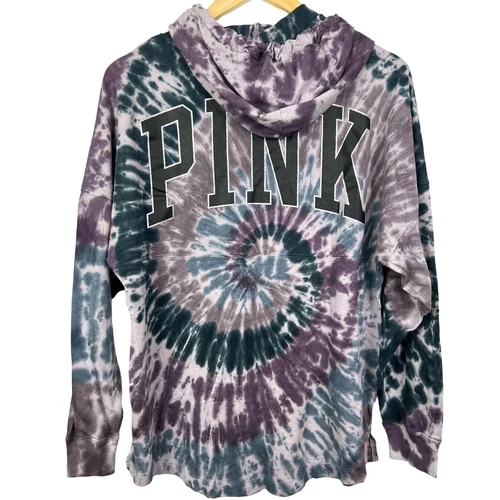 UNDERCOVER Y2K Victoria's Secret Pink XS T SHIRT OVERSIZE CON CAPPUCCIO viola tie dye logo cane