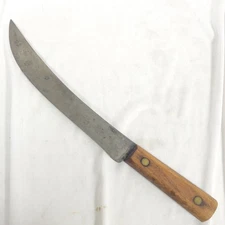 Vintage Carbon Steel Butcher Breaking Knife 10” Blade Wood Handle Rustic Kitchen