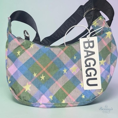 Baggu Small Crescent Crossbody Bag Green Star Plaid Brand New with Tag