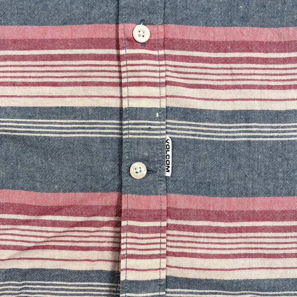 Volcom Shirt Mens XL Blue Red Striped Button Up Short Sleeve Woven Cotton Casual - Image 4 of 4