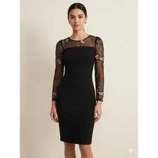 Vince Camuto Sheath Dress Women XS Black Floral Embroidered Mesh Long Sleeve