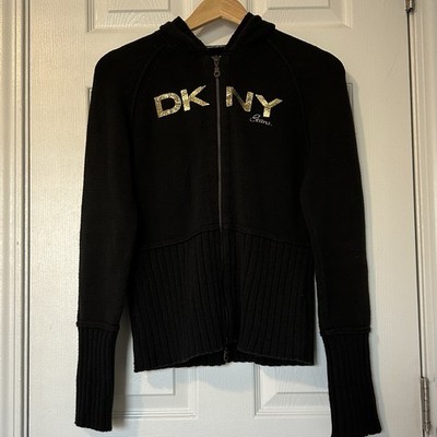 DKNY Jeans Y2K Gold Logo Full Zip Hoodie Streetwear Urban Chic It-Girl Style