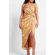 Express Satin Tropical Print Twist Waist Faux Wrap Style High Low Gold Dress XL