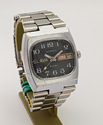 Vintage Watch Slava Tank Automatic Black Dial 2427 Soviet USSR Mechanical 1980s