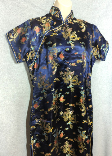 Vintage Jin Feng Cheongsam Dress Size 42 Large Blue Gold Dragons 100% Silk Chic