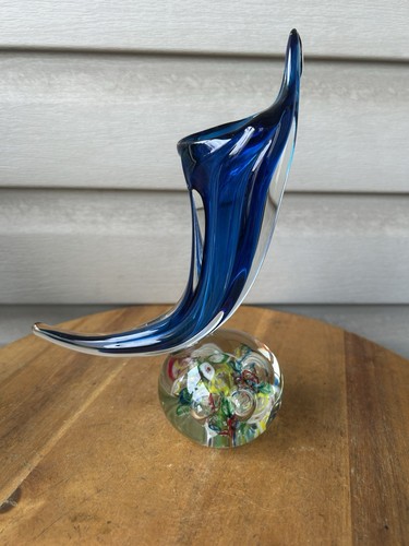Vintage Lenwile Ardalt Blue Trumpet Millefiori Art Deco Glass Vase Japan 9.5"