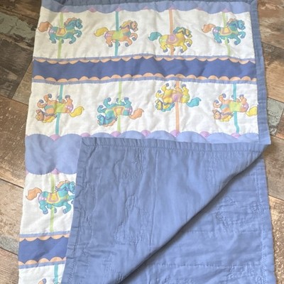 Cotton Crib Quilt Carousel Horses Blue Multicolor Easy Care Nursery Bedding