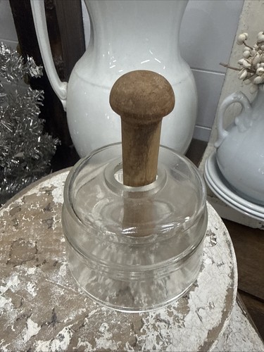 Vintage Glass Butter Press Mold with Wooden Handle Swan Stamp Clear