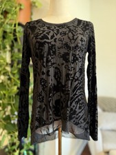 Sz S Black Velvet Burnout Chiffon Hem Long Sleeve Shirt Top Blouse Tunic Vera