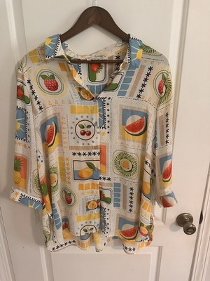 Rose + Olive Fruit Print Blouse Women s XL White Watermelon Lemon 3/4 Sleeve