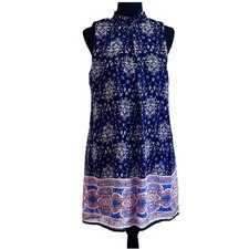 Speechless Boho Smocked Neck Shift Dress M Blue Floral Paisley Sleeveless Resort