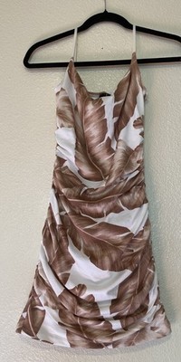 Windsor Brown/White Floral Ruched Strappy V-Neck Mini Dress Sleeveless Size M