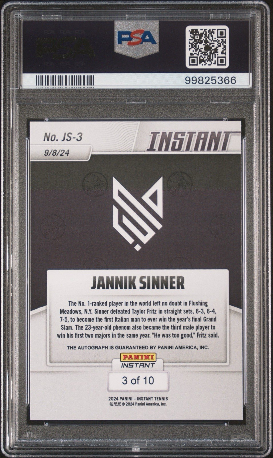 2024 PANINI INSTANT JANNIK SINNER AUTO-JAGUAR JANNIK SINNER 3/10 PSA 8 view 2